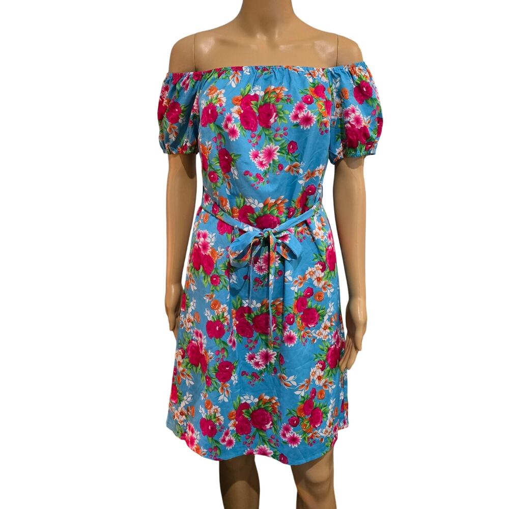 Vila Vimie Off The Shoulder Dress Blue Pink Floral with tie belt NWT EU 38